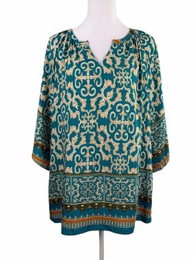 Bebonnie Turquoise Boho Floral Tunic Top Size M V-Neck 3/4 Sleeve Blouse